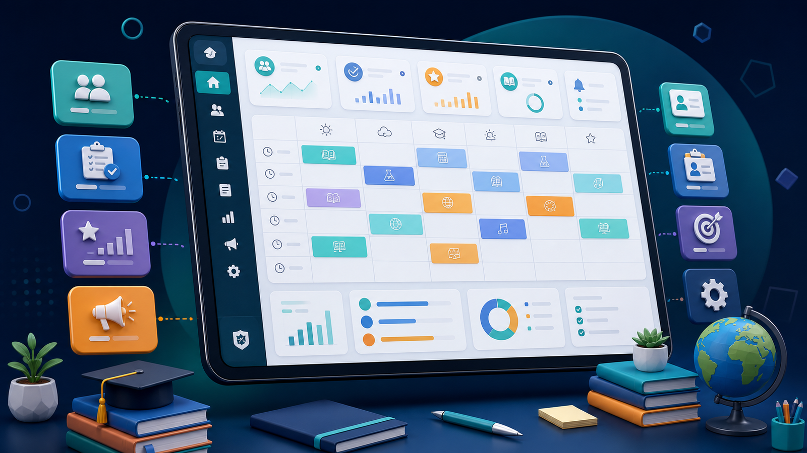 Ilustrasi 3D Dashboard Sekolah dengan jadual guru, rekod murid, pentaksiran dan pengumuman