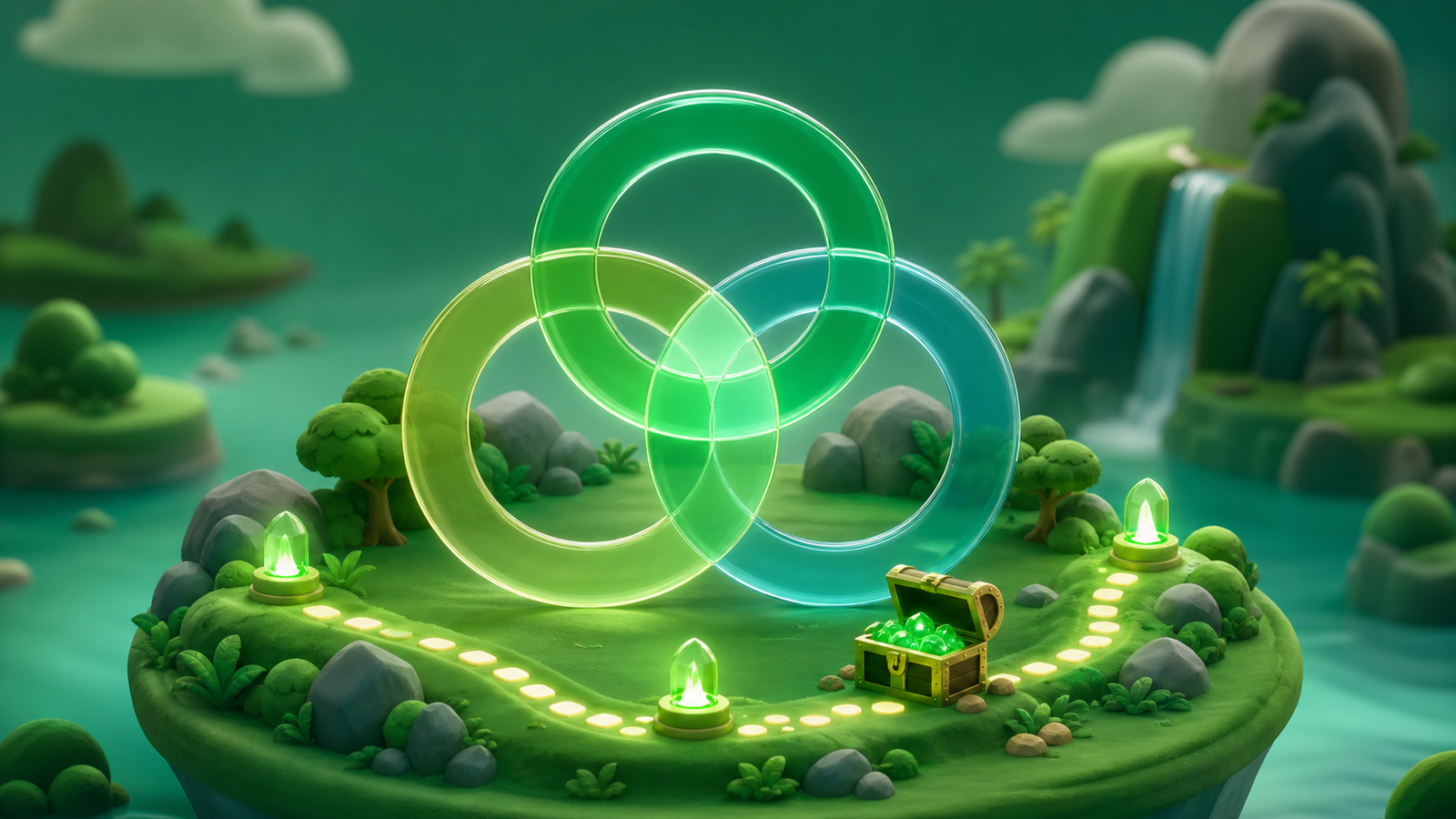 Ilustrasi 3D gelang set bertindih di pulau pengembaraan untuk SET QUEST